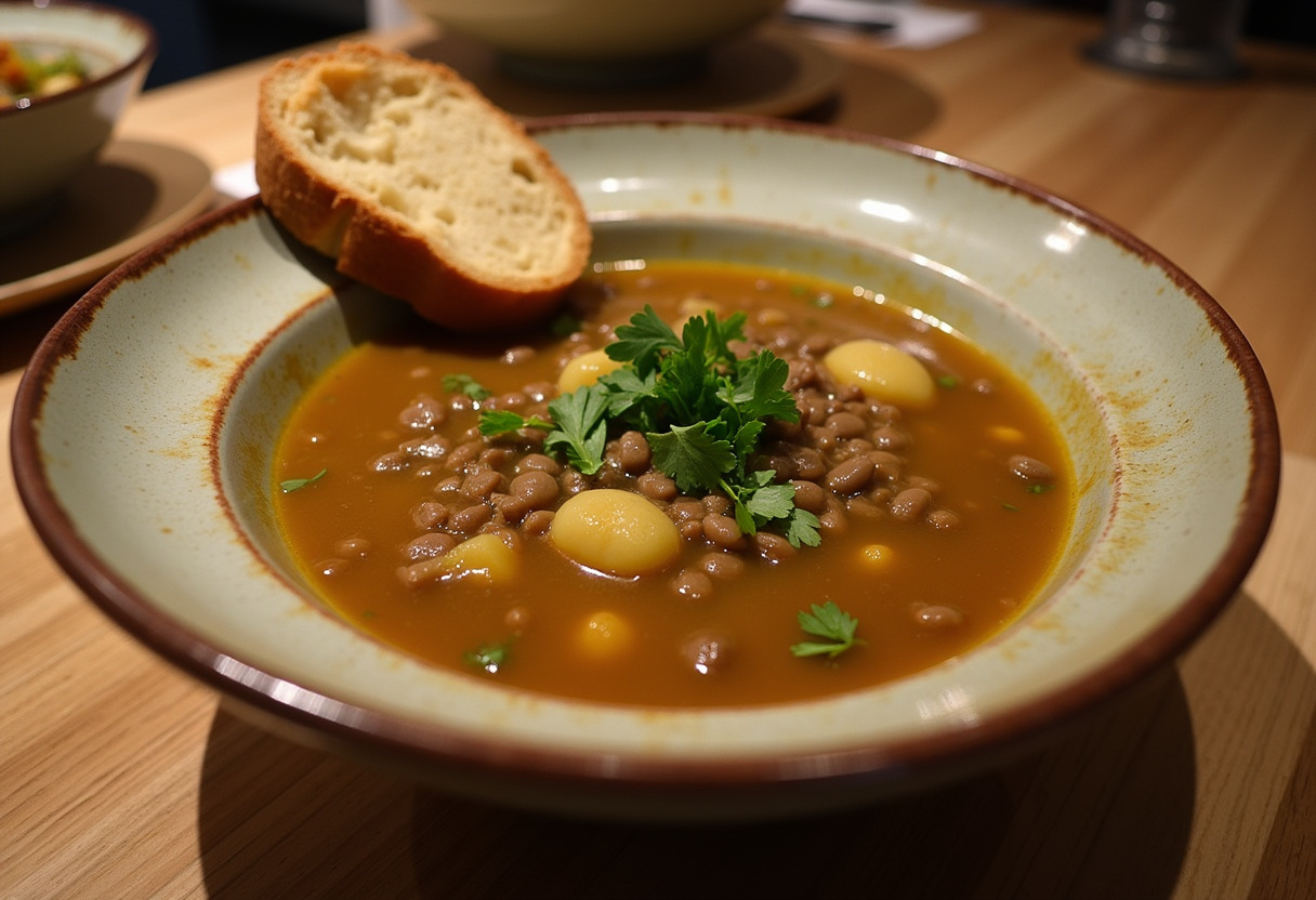 Finished Hearty Lentil and Potato Soup garnished with parsley, served with crusty bread.