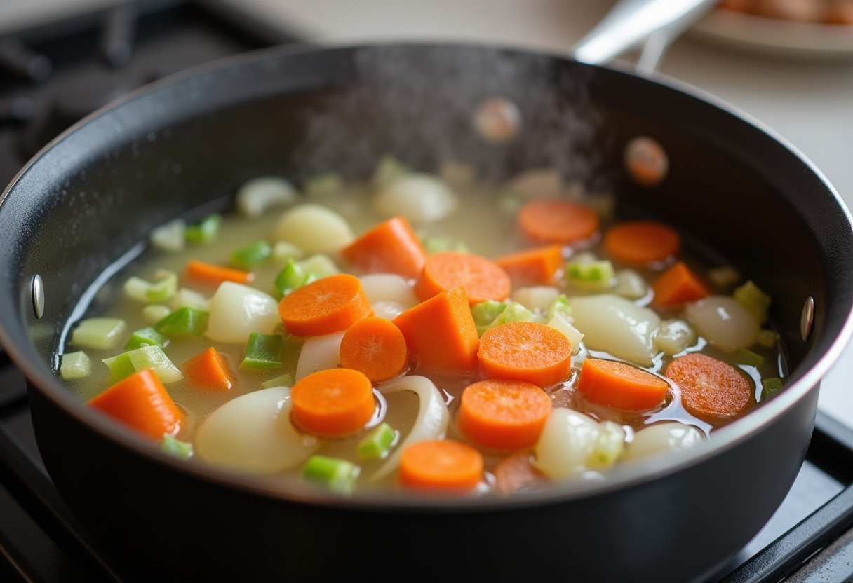 Chopped onions, carrots, and celery sautéing in olive oil for Hearty Lentil and Potato Soup.