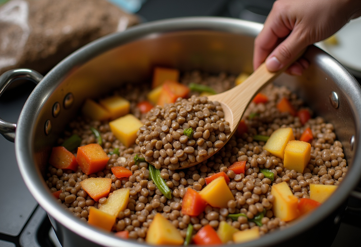 Lentils and diced potatoes being added to sautéed vegetables for Hearty Lentil and Potato Soup.