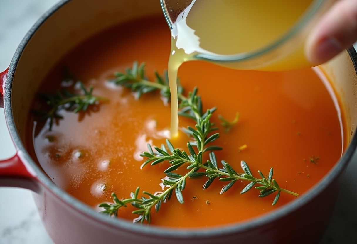 Vegetable broth and thyme being added to simmering Hearty Lentil and Potato Soup.