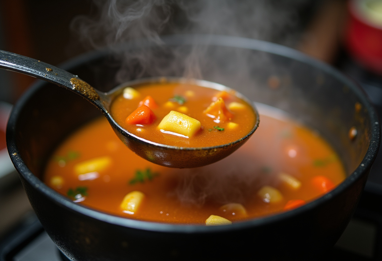 Ladling Hearty Lentil and Potato Soup into a bowl, ready to serve.