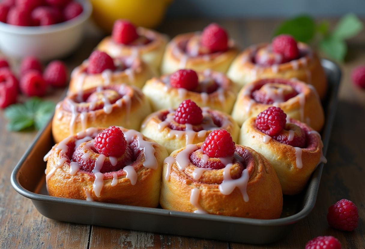Freshly baked Raspberry Cinnamon Rolls with lemon glaze and raspberries, ready to serve.
