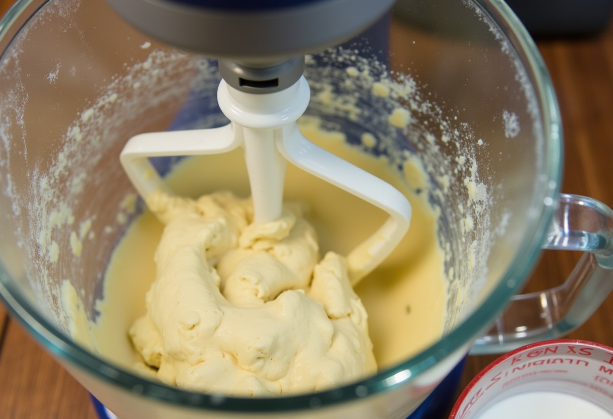 Stand mixer preparing dough for Raspberry Cinnamon Rolls.
