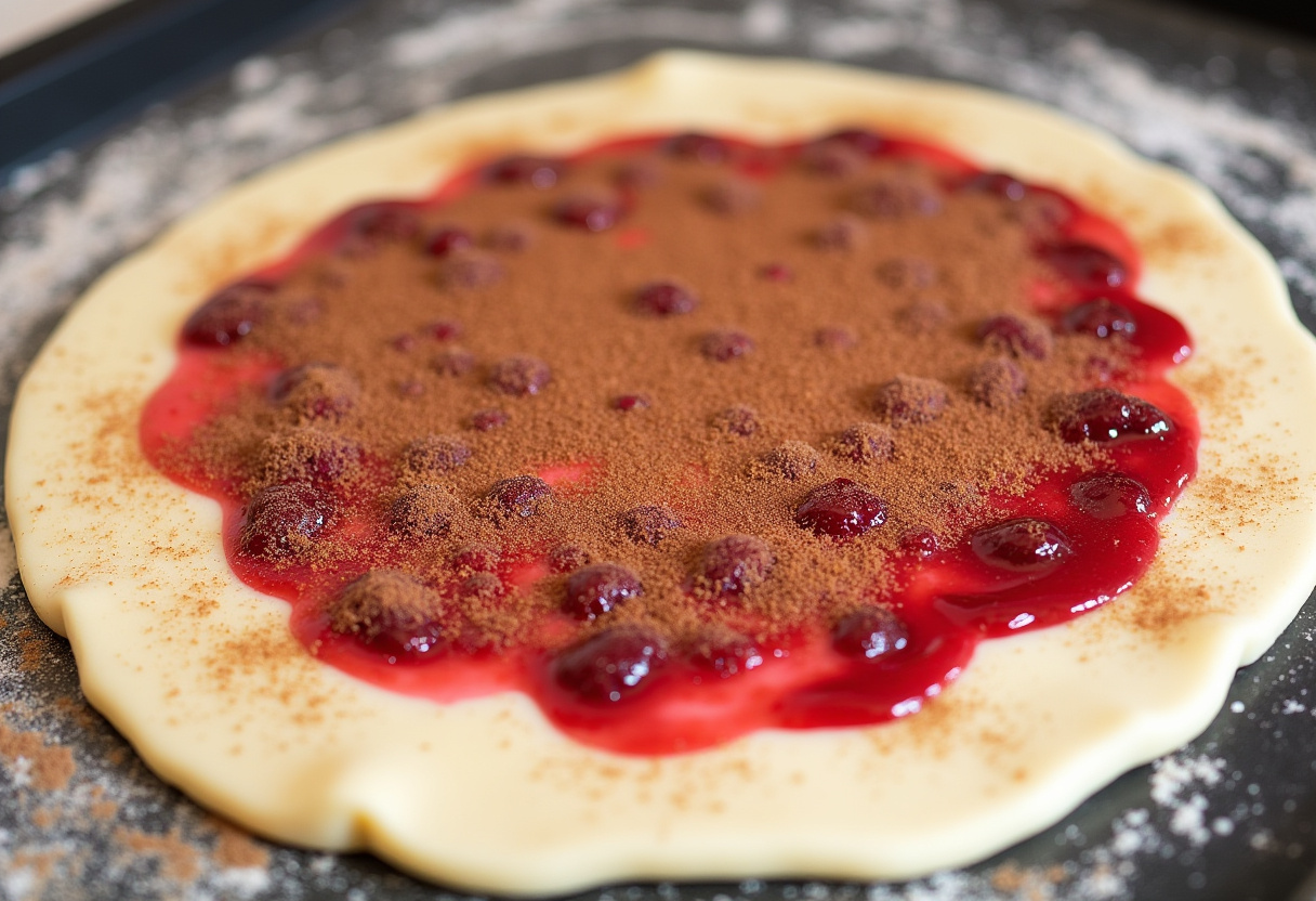 Dough spread with raspberry jam and cinnamon sugar for Raspberry Cinnamon Rolls.