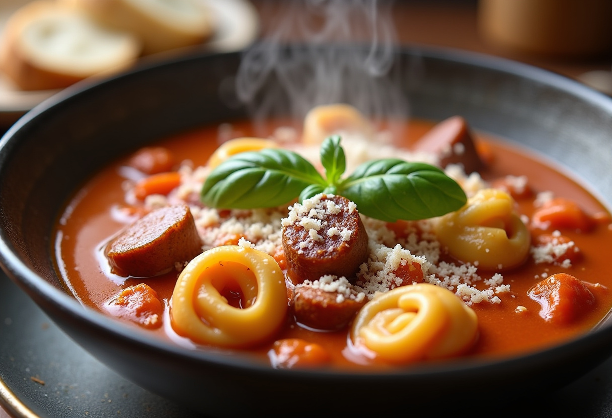 Delicious Sausage Tortellini Soup with Parmesan and basil, ready to enjoy.
