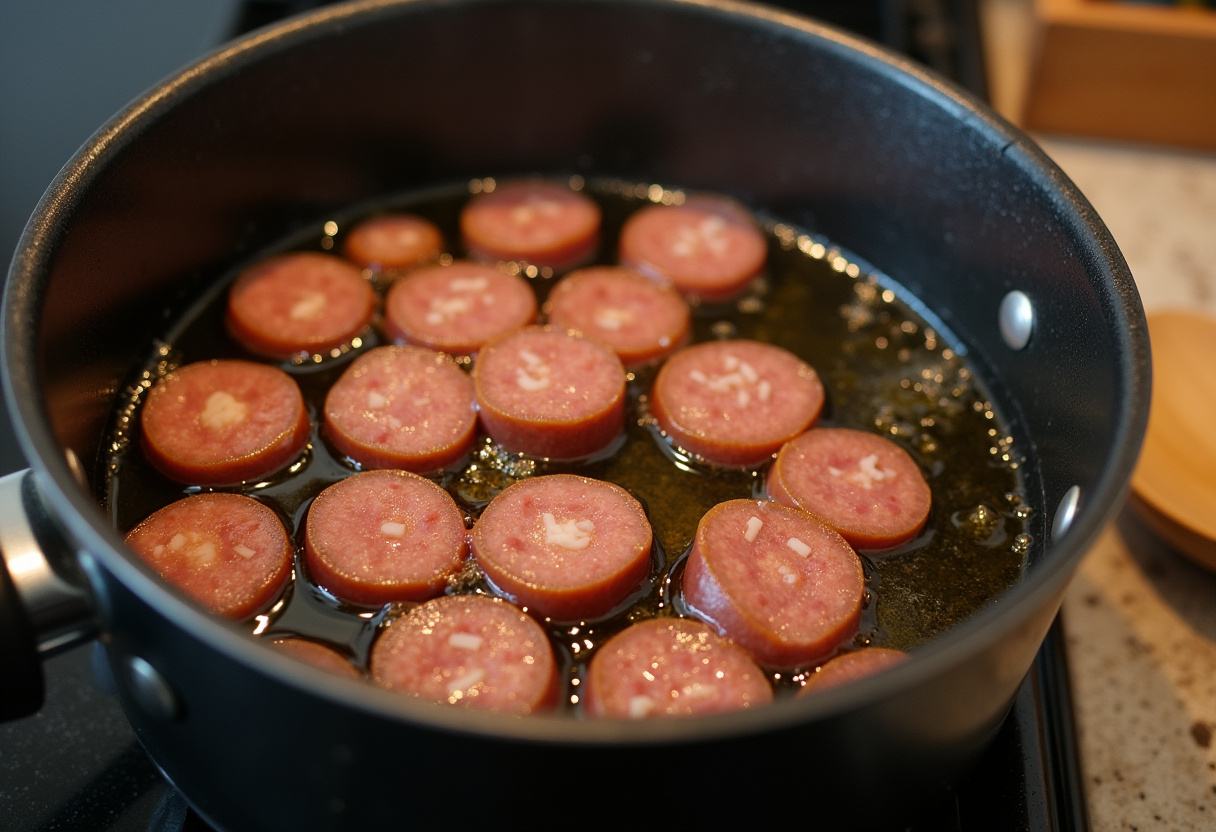 Sliced sausages browning in olive oil for Sausage Tortellini Soup.