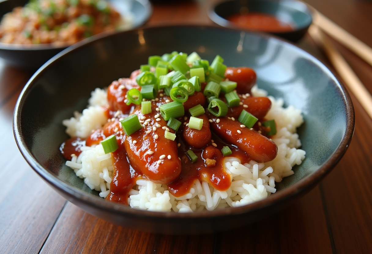 Finished Sticky Chicken Rice Bowl ready to serve, garnished with green onions and sesame seeds.