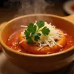 Delicious bowl of Stuffed Pepper Soup with cheese and parsley, ready to eat.