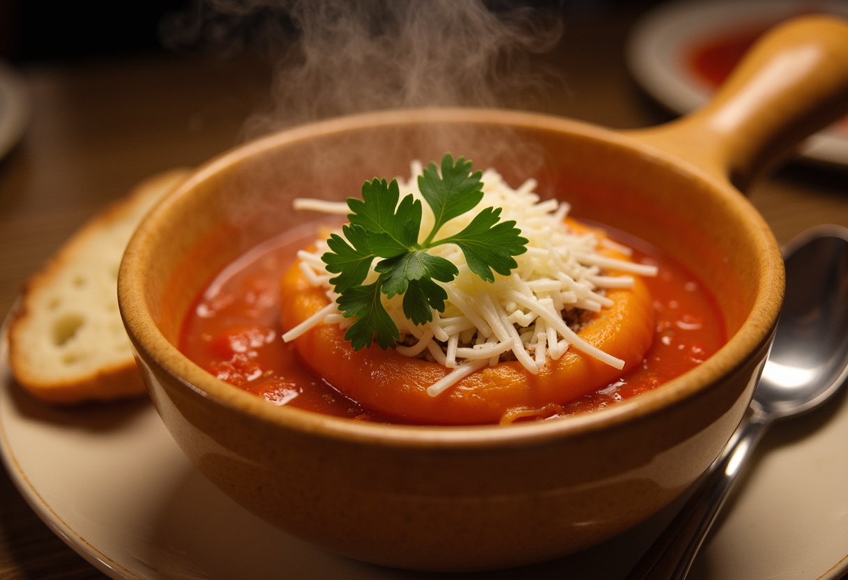 Delicious bowl of Stuffed Pepper Soup with cheese and parsley, ready to eat.