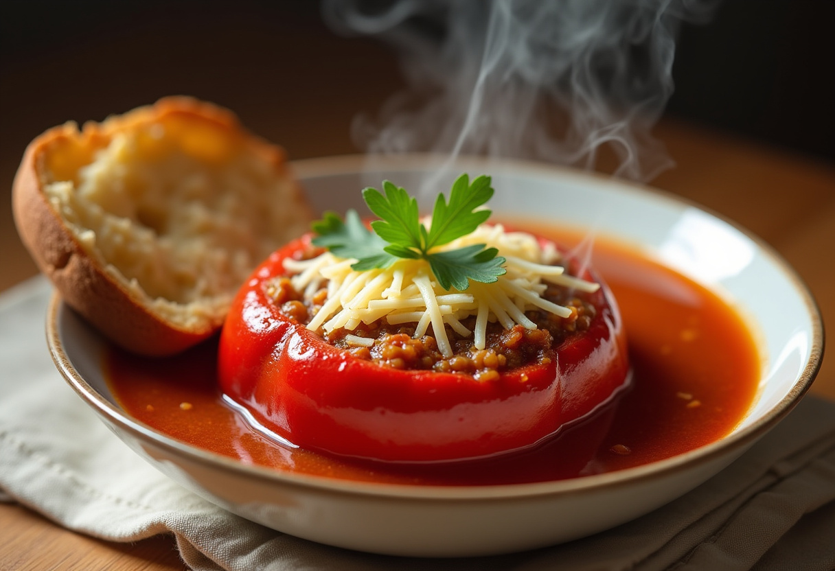 Delicious bowl of Stuffed Pepper Soup with cheese and parsley, ready to eat.