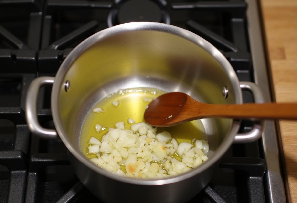 Chopped onions and garlic sautéing in olive oil for Stuffed Pepper Soup.