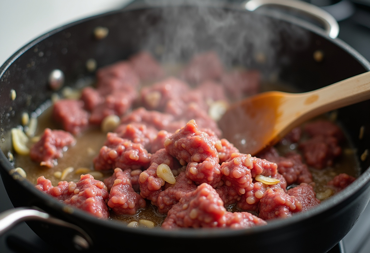Ground beef browning with onions and garlic for Stuffed Pepper Soup.