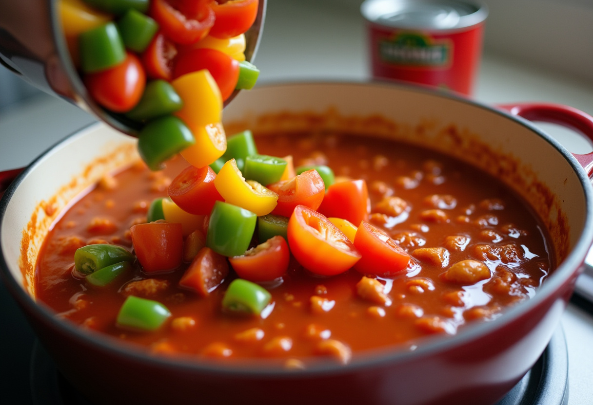 Diced bell peppers and tomatoes added to the beef mixture for Stuffed Pepper Soup.