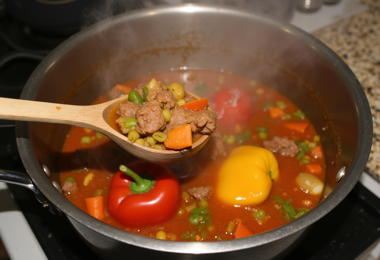 Simmering pot of Stuffed Pepper Soup with beef, vegetables, and broth.