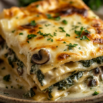 inesboulila A close up of a creamy spinach and mushroom lasagna 8f43dedb ce5e 41fb 8ec9 8a644680cf9c