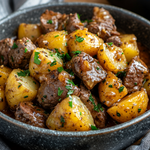 Slow Cooker Garlic Butter Beef Bites & Potatoes