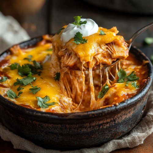 Cheesy Slow Cooker Chicken Enchilada Bake