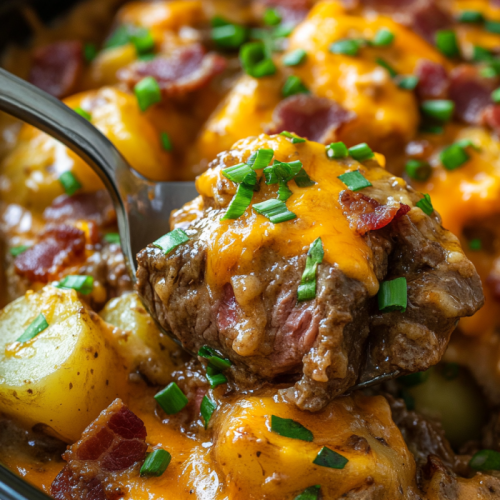 Crockpot Loaded Steak and Potato Bake