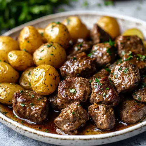 Slow Cooker Garlic Butter Beef Bites & Potatoes