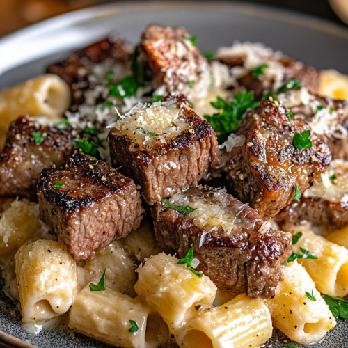 Garlic Butter Steak Bites with Creamy Parmesan Pasta
