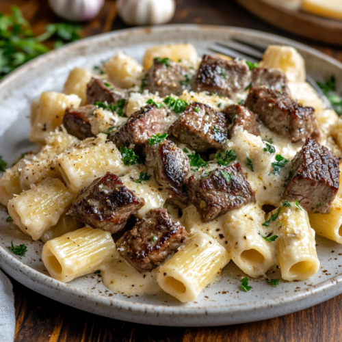 Garlic Butter Steak with Creamy Parmesan Rigatoni