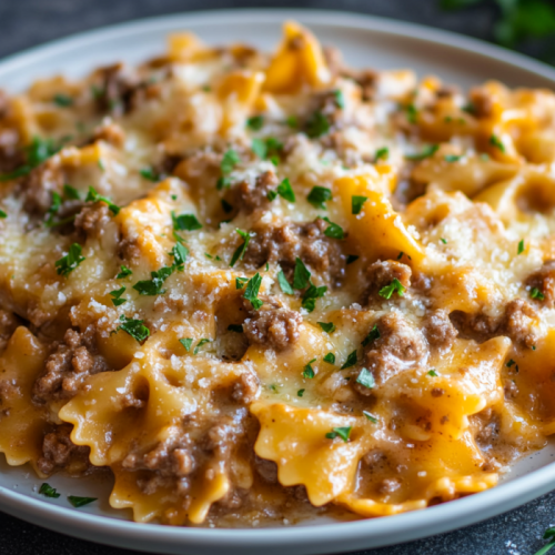 Cheesy Beef and Bowtie Pasta in Garlic Butter