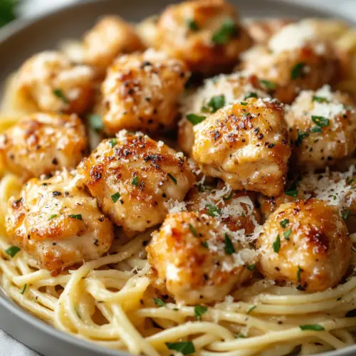 Garlic Butter Chicken Bites with Savory Creamy Parmesan Pasta