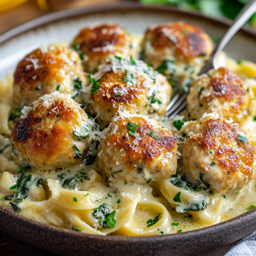 Chicken Ricotta Meatballs with Spinach Alfredo Sauce