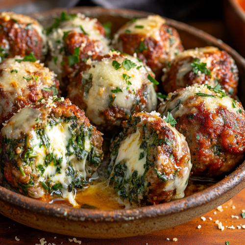 Spinach Garlic Meatballs Stuffed with Mozzarella