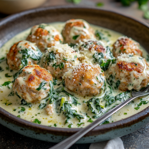 Chicken Ricotta Meatballs with Spinach Alfredo Sauce
