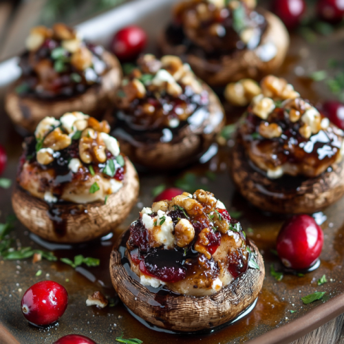 Balsamic-Glazed Cranberry & Goat Cheese Stuffed Mushrooms with Spinach