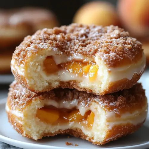 Indulge in the delightful fusion of flavors with Classic Peach Cobbler Cheesecake Donuts. These treats combine the comforting essence of peach cobbler and the creamy richness of cheesecake, all encased within a warm, fluffy donut. Perfect for brunch, dessert, or any special occasion, these donuts are sure to impress and satisfy your sweet cravings.

Why This Recipe Appeals
Fusion of Classics: Merges the beloved flavors of peach cobbler and cheesecake into a single, indulgent treat.

Textural Delight: Combines the crispiness of a freshly fried donut with creamy cheesecake filling and tender peach topping.

Versatile Occasion Treat: Suitable for various occasions, from family gatherings to festive celebrations.

Ingredients
For the Donuts:

1 can biscuit dough or pre-made donut dough

Vegetable oil, for frying

For the Peach Cobbler Filling:

1 can peach slices in syrup or fresh peaches, chopped

¼ cup brown sugar

1 teaspoon ground cinnamon

1 tablespoon cornstarch

1 tablespoon water

For the Cheesecake Filling:

8 oz cream cheese, softened

¼ cup powdered sugar

1 teaspoon vanilla extract

¼ cup heavy cream

For the Topping:

¼ cup crushed graham crackers or crushed digestive biscuits

¼ cup glaze (store-bought or homemade with powdered sugar and milk)

Pinch of cinnamon

Step-by-Step Directions
1. Prepare the Peach Cobbler Filling
In a saucepan, combine the chopped peaches, brown sugar, and ground cinnamon.

In a small bowl, mix the cornstarch and water to create a slurry, then add it to the saucepan.

Cook over medium heat, stirring constantly, until the mixture thickens and the peaches are tender, approximately 5–7 minutes.

Remove from heat and allow to cool to room temperature.

2. Prepare the Cheesecake Filling
In a mixing bowl, beat the softened cream cheese until smooth.

Add the powdered sugar and vanilla extract, continuing to beat until well combined.

Gradually add the heavy cream and beat until the mixture becomes fluffy and creamy.

Set aside.

3. Fry the Donuts
Heat vegetable oil in a deep fryer or large pot to 350°F (175°C).

Shape the biscuit dough into donuts by cutting out the center to form a ring.

Carefully place the donuts into the hot oil, frying for 2–3 minutes per side until golden brown.

Remove from oil and drain on paper towels. Allow to cool slightly.

4. Assemble the Donuts
Slice each donut horizontally to create a sandwich.

Spread a generous layer of the cheesecake filling on the bottom half.

Spoon the peach cobbler filling over the cheesecake layer.

Place the top half of the donut back on.

5. Add Toppings
Drizzle the assembled donuts with glaze.

Sprinkle crushed graham crackers over the top.

Finish with a light dusting of cinnamon.

6. Serve
Serve the donuts warm to fully enjoy the blend of flavors and textures.

Pair with a cup of coffee or tea for an enhanced experience.

Possible Variations
Alternative Fruits: Substitute peaches with apples, berries, or pears to create different flavor profiles.

Baked Version: For a lighter option, bake the donuts at 375°F (190°C) for 12–15 minutes instead of frying.

Spiced Dough: Add a teaspoon of cinnamon or nutmeg to the donut dough for an extra layer of flavor.

Servings and Timing
Servings: Approximately 8 donuts

Preparation Time: 20 minutes

Cooking Time: 15 minutes

Total Time: 35 minutes

Storage and Reheating Instructions
Storage: Store any leftover donuts in an airtight container at room temperature for up to 2 days. For extended freshness, refrigerate for up to 5 days.

Reheating: To enjoy warm, heat the donuts in a preheated oven at 350°F (175°C) for 5–7 minutes. Alternatively, microwave on medium power for 20–30 seconds.

FAQs
1. Can I use fresh peaches instead of canned?
Yes, fresh peaches can be used. Peel and chop them before cooking to achieve the desired texture.

2. Is it possible to bake the donuts instead of frying?
Yes, baking is a healthier alternative. Preheat the oven to 375°F (190°C) and bake the donuts for 12–15 minutes until golden brown.

3. How can I make the glaze at home?
Combine powdered sugar with a small amount of milk or cream, mixing until smooth and reaching the desired consistency.