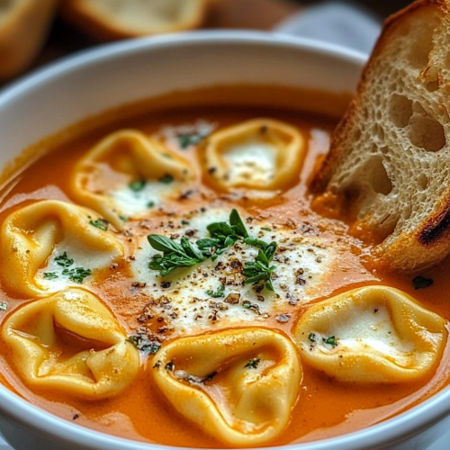 Slow Cooker Tomato Tortellini Soup with Cheddar Toast Bites