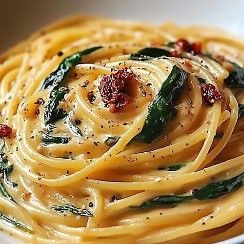 Spaghetti & Spinach with Sun-Dried Tomato Cream Sauce